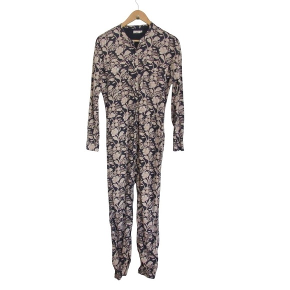 Faherty Pants - Faherty Savoie Floral Jumpsuit Linen Blend Navy Long Sleeve XS Drawcord Comfort